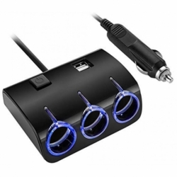 Splitter Auto cu 3 Iesiri + 2 x USB (Negru/Albastru)